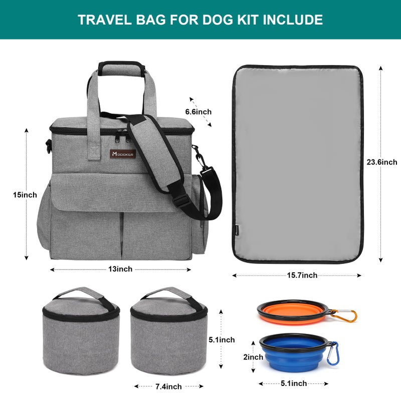 Modoker Dog Travel Bag, Weekend Pet Travel Set for Dog and Cat, Airline Approved Tote Organizer with Multi-Function Pockets, 2 Food Storage Containers, 2 Collapsible Bowls, 1 Feeding Mat (Grey) - Image 4